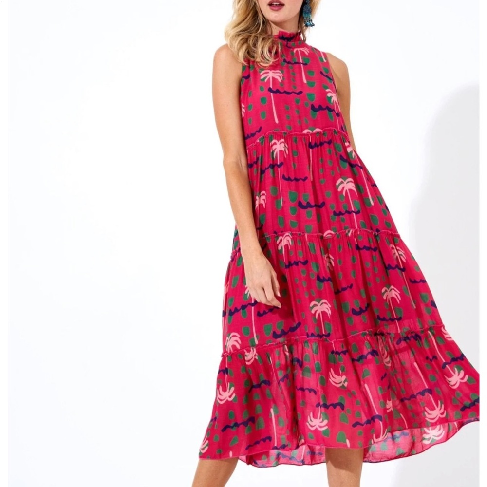 RUFFLE TIERED MIDI DRESS- IPANEMA PINK
